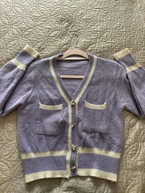 Lilac & Cream V-Neck Button Cardigan Sweater